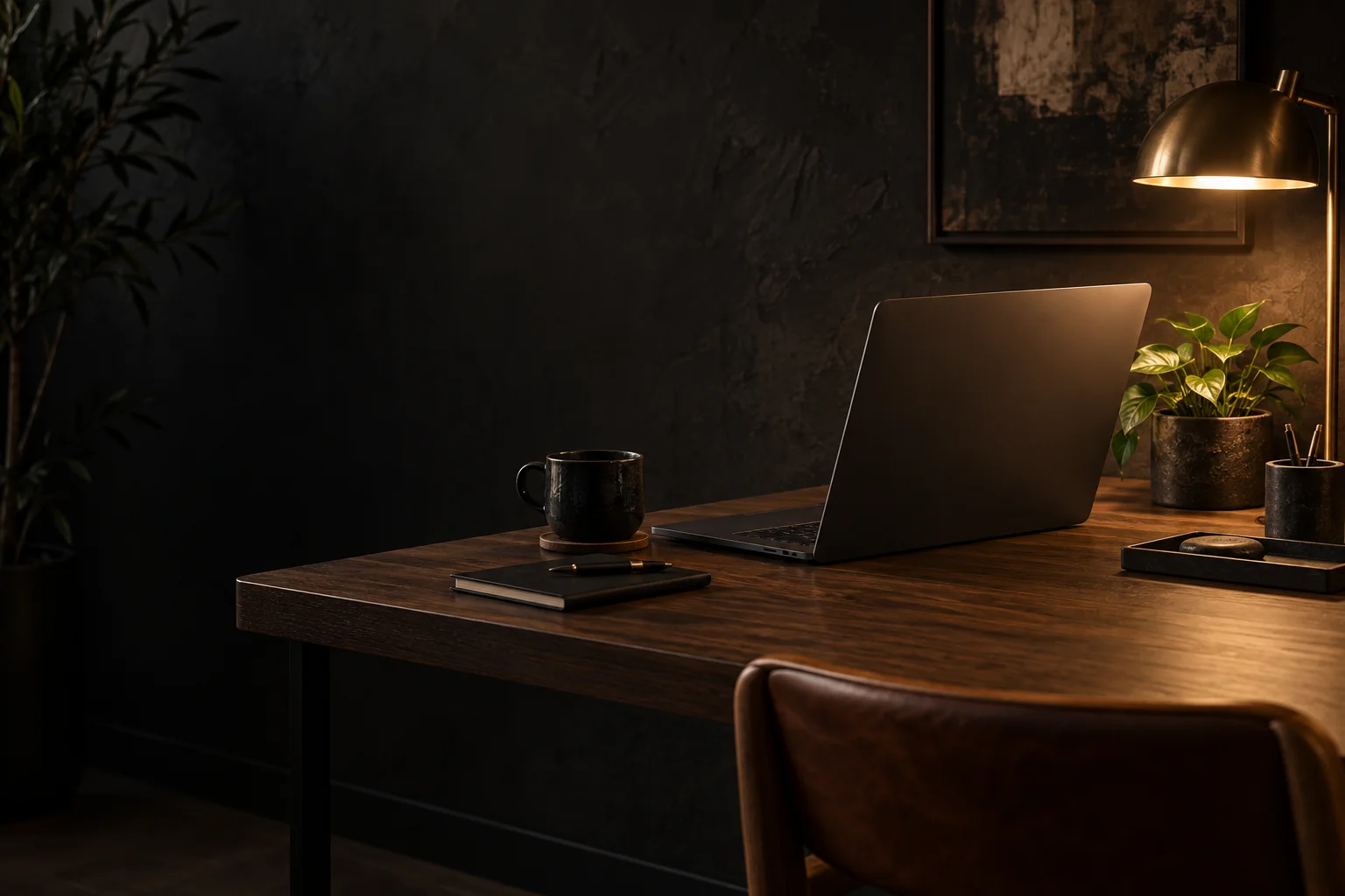 Notebook em uma mesa de madeira com iluminação quente